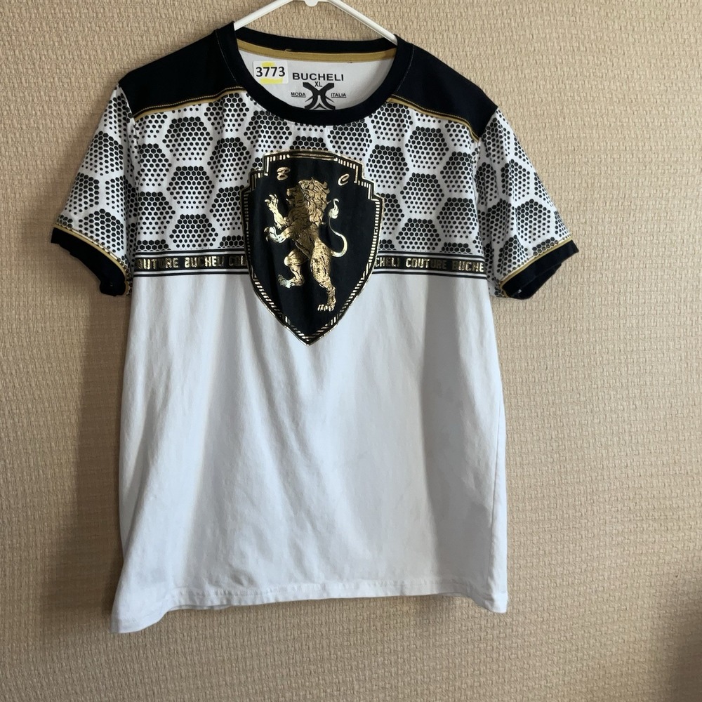 Mens T-Shirt XL Italian Print Shiny Gold Lion Chest‎ Bucheli Logo Slim Fit Crew